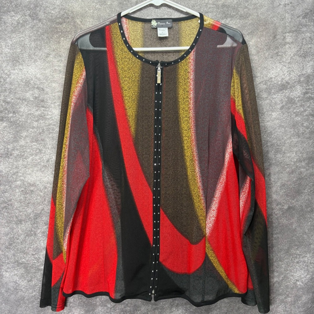 Damee Inc Sheer Mesh Zip Up Jacket Size XL Red Black Abstract Art to Wear